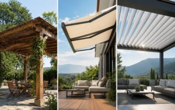 Confronto tra pergola bioclimatica, pergotenda e pergolato tradizionale in tre spazi esterni
